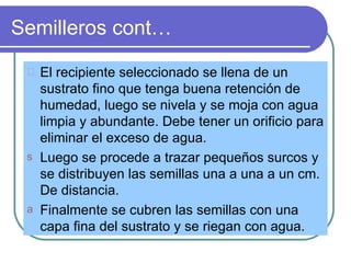 Semilleros cont…

     El recipiente seleccionado se llena de un
     sustrato fino que tenga buena retención de
     humedad, luego se nivela y se moja con agua
     limpia y abundante. Debe tener un orificio para
     eliminar el exceso de agua.
 s   Luego se procede a trazar pequeños surcos y
     se distribuyen las semillas una a una a un cm.
     De distancia.
 a   Finalmente se cubren las semillas con una
     capa fina del sustrato y se riegan con agua.
 