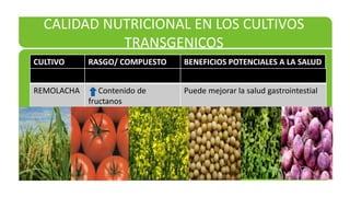 CALIDAD NUTRICIONAL EN LOS CULTIVOS
            TRANSGENICOS
CULTIVO     RASGO/ COMPUESTO   BENEFICIOS POTENCIALES A LA SALUD


REMOLACHA      Contenido de    Puede mejorar la salud gastrointestial
            fructanos
 