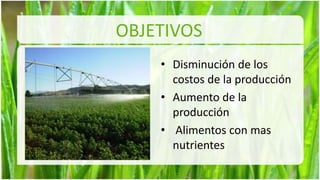 OBJETIVOS
    • Disminución de los
      costos de la producción
    • Aumento de la
      producción
    • Alimentos con mas
      nutrientes
 