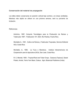 Conservación del material de propagación
Los tallos deben conservarse en posición vertical bajo sombra y en áreas ventiladas.
Mientras más rápido se utilicen en una próxima semana, será su porciento de
brotación.
Referencias:
Anónimo, 1997. Conjunto Tecnológico para la Producción de Raíces y
Tubérculos 1997 – Publicación 101. EEA. Rio Piedras, Puerto Rico.
Montaldo A., 1991. Cultivo de Raíces y Tubérculos Tropicales, Servicio Editorial
IICA, Costa Rica.
Montaldo, A., 1985. La Yuca o Mandioca. Instituto Interamericano de
Cooperación para la Agricultura (IICA), San José, Costa Rica.
R. C. Mandal, 1993 – Tropical Root and Tuber Crops. Cassava (Tapioca), Sweet
Potato, Aroids, Yams Yam Bean, Coleus. Agro. Botanical Publishers (India).
 