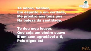 Te adoro, Senhor,
Em espírito e em verdade,
Me prostro aos teus pés
Na beleza da santidade.
Te dou meu louvor,
Que seja um cheiro suave
E um som agradável a ti,
Pois digno és!
 