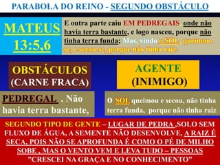 MATEUS
13:5,6
E outra parte caiu EM PEDREGAIS, onde não
havia terra bastante, e logo nasceu, porque não
tinha terra funda; Mas, vindo o SOL, queimou-
se, e secou-se, porque não tinha raiz.
PARABOLA DO REINO - SEGUNDO OBSTÁCULO
AGENTE
(INIMIGO)
OBSTÁCULOS
(CARNE FRACA)
o SOL queimou e secou, não tinha
terra funda, porque não tinha raiz
PEDREGAL . Não
havia terra bastante,
SEGUNDO TIPO DE GENTE – LUGAR DE PEDRA ,SOLO SEM
FLUXO DE ÁGUA, A SEMENTE NÃO DESENVOLVE, A RAIZ É
SECA, POIS NÃO SE APROFUNDA É COMO O PÉ DE MILHO
SOBE , MAS O VENTO VEM E LEVA TUDO – PESSOAS
”CRESCEI NA GRAÇA E NO CONHECIMENTO”
 