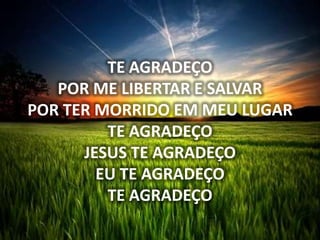 TE AGRADEÇO
POR ME LIBERTAR E SALVAR
POR TER MORRIDO EM MEU LUGAR
TE AGRADEÇO
JESUS TE AGRADEÇO
EU TE AGRADEÇO
TE AGRADEÇO
 
