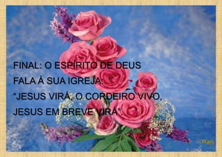 FINAL: O ESPÍRITO DE DEUS
FALA À SUA IGREJA:
“JESUS VIRÁ, O CORDEIRO VIVO,
JESUS EM BREVE VIRÁ”.
 