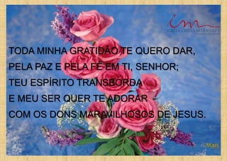 TODA MINHA GRATIDÃO TE QUERO DAR,
PELA PAZ E PELA FÉ EM TI, SENHOR;
TEU ESPÍRITO TRANSBORDA
E MEU SER QUER TE ADORAR
COM OS DONS MARAVILHOSOS DE JESUS.
 