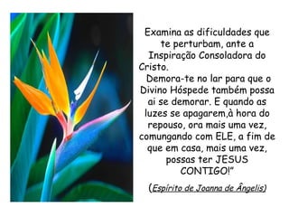 Examina as dificuldades que te perturbam, ante a Inspiração Consoladora do Cristo.  Demora-te no lar para que o Divino Hóspede também possa ai se demorar. E quando as luzes se apagarem,à hora do repouso, ora mais uma vez, comungando com ELE, a fim de que em casa, mais uma vez, possas ter JESUS CONTIGO!” ( Espírito de Joanna de Ângelis) 