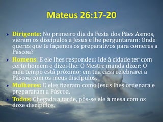 Mateus 26:17-20Dirigente: No primeiro dia da Festa dos Pães Asmos, vieram os discípulos a Jesus e lhe perguntaram: Onde queres que te façamos os preparativos para comeres a Páscoa?Homens: E ele lhes respondeu: Ide à cidade ter com certo homem e dizei-lhe: O Mestre manda dizer: O meu tempo está próximo; em tua casa celebrarei a Páscoa com os meus discípulos.Mulheres: E eles fizeram como Jesus lhes ordenara e prepararam a Páscoa.Todos: Chegada a tarde, pôs-se ele à mesa com os doze discípulos.