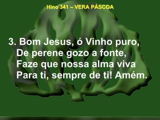 Hino 341 – VERA PÁSCOA3. Bom Jesus, ó Vinho puro,De perene gozo a fonte,Faze que nossa alma vivaPara ti, sempre de ti! Amém.