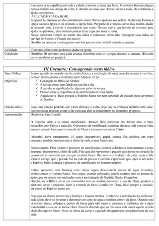 Essa notícia se espalhou por toda a cidade e muitos creram em Jesus. Os pobres ficaram alegres
porque tinham sua amiga de volta. E durante os anos que Dorcas viveu a mais, ela continuou a
ajudar aos pobres.
APLICAÇÃO PARA HOJE:
Pergunte às crianças se elas entenderam como Dorcas ajudava aos pobres. Relacione Dorcas à
igreja daquela época e, às crianças a igreja hoje. Pergunte às crianças como elas podem ajudar
as pessoas hoje. Leve-as a entenderem que como Dorcas usava seu talento de costurar para
ajudar ao próximo, elas também podem fazer algo por amor a Jesus.
Nesse momento voltem ao mural das mãos e escrevam como irão consagrar suas mãos ao
serviço do Senhor. (Visuais em anexo)
Desafiar as crianças a entregarem convites para o culto infantil durante a semana.
Atividade Conversa sobre como podemos ajudar na igreja
Conclusão Distribua 10 convites para cada criança distribuir com os colegas durante a semana. (Existem
vários modelos no google)
III Encontro: Consagrando meus lábios
Base Bíblica Sejam agradáveis as palavras da minha boca e a meditação do meu coração perante a tua face,
Senhor, Rocha minha e Redentor meu! Salmos 19:14
Objetivos  Consagrar os lábios ao Senhor
 Analisar como tem falado no seu dia a dia
 Aprender o significado de algumas palavras torpes
 Pensar sobre a importância da santificação na vida cristã
 Agradecer a Deus porque o Espírito Santo nos tem separado do pecado para servirmos
ao Senhor.
Oração inicial Faça uma oração pedindo que Deus abençoe o culto peça que as crianças repitam com você,
isso ensina as crianças a orar e faz com que elas se concentrem no momento proposto.
Apresentação Dinâmica: Santificação
O Espírito santo é o nosso santificador. Através Dele podemos nos tornar mais e mais
parecidos com Cristo a cada dia. O processo de santificação continua durante toda a nossa vida,
sempre quando buscamos a vontade de Deus e tentamos ser como Cristo.
Material: Jarra transparente, 10 copos descartáveis, papel, caneta, fita adesiva, um copo
pequeno, também transparente e cheio de café, e uma bacia rasa.
Procedimento: Para ilustrar o processo de santificação, comece a dinâmica apresentando o copo
pequeno, transparente, cheio de café. Fale que ele representa o pecado que atuou no coração da
pessoa até o momento que em que recebeu Jesus. Derrame o café dentro da jarra vazia e fale
sobre o estrago que o pecado faz na vida da pessoa. Continue explicando que, após a salvação,
o Espírito Santo começa o processo de santificação no homem interior .
Então, apresente uma bandeja com vários copos descartáveis cheios de água cristalina,
simbolizando o Espírito Santo. Nos copos, estarão colocados papéis escritos com os nomes de
ações que só podem ser realizadas com a participação do Espírito Santo. Exemplos:
Oração, ler a Bíblia, viver em comunhão com os irmãos, obedecer a voz de Deus, perdoar o
próximo, amar o próximo, fazer a vontade de Deus, confiar em Deus, falar sempre a verdade,
ser cheio do Espírito santo. etc.
Peça que os alunos observem a bandeja e fiquem atentos. Conforme a solicitação do professor,
cada aluno deve se levantar e derramar um copo de água cristalina dentro da jarra. Quando esta
já estiver cheia, coloque-a dentro da bacia para não vazar e continue a dinâmica até a água
transbordar e sua cor se tornar clara. Encerre dizendo que só tem uma vida santa aquele cristão
cheio do espírito Santo. Nele, as obras da carne e o pecado desaparecem completamente de sua
vida.
 