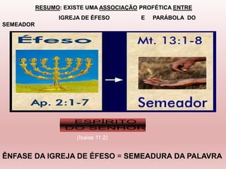 RESUMO: EXISTE UMA ASSOCIAÇÃO PROFÉTICA ENTRE
IGREJA DE ÉFESO E PARÁBOLA DO
SEMEADOR
ÊNFASE DA IGREJA DE ÉFESO = SEMEADURA DA PALAVRA
(Isaias 11:2)
 