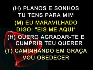 (H) PLANOS E SONHOS
TU TENS PARA MIM
(M) EU MARAVILHADO
DIGO: "EIS ME AQUI“
(H) QUERO AGRADAR-TE E
CUMPRIR TEU QUERER
(T) CAMINHANDO EM GRAÇA
VOU OBEDECER
 