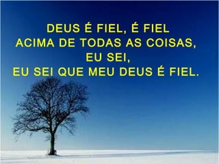 DEUS É FIEL, É FIEL
ACIMA DE TODAS AS COISAS,
EU SEI,
EU SEI QUE MEU DEUS É FIEL.
 