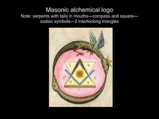 Masonic alchemical logo
Note: serpents with tails in mouths—compass and square—
zodiac symbols—2 interlocking triangles
 