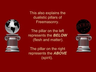 This also explains the
dualistic pillars of
Freemasonry.
The pillar on the left
represents the BELOW
(flesh and matter).
The pillar on the right
represents the ABOVE
(spirit).
 