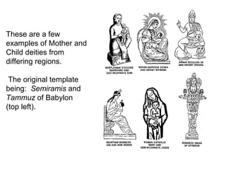 These are a few
examples of Mother and
Child deities from
differing regions.
The original template
being: Semiramis and
Tammuz of Babylon
(top left).
 