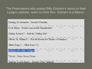 The Freemasons who posted Billy Graham’s name on their
Lodge’s website, seem to think Rev. Graham is a Mason.
 