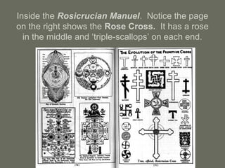 Inside the Rosicrucian Manuel. Notice the page
on the right shows the Rose Cross. It has a rose
in the middle and ‘triple-scallops’ on each end.
 