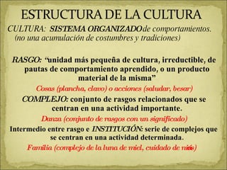 CULTURA:  SISTEMA ORGANIZADO  de comportamientos. (no una acumulación de costumbres y tradiciones) RASGO: “ unidad más pequeña de cultura, irreductible, de pautas de comportamiento aprendido, o un producto material de la misma” Cosas (plancha, clavo) o acciones (saludar, besar) COMPLEJO:  conjunto de rasgos relacionados que se centran en una actividad importante. Danza (conjunto de rasgos con un significado) Intermedio entre rasgo e  INSTITUCIÓN:  serie de complejos que se centran en una actividad determinada. Familia (complejo de la luna de miel, cuidado de niños) 