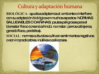 BIOLÓGICA:  ayuda a adaptarnos al ambiente o interfiere con su adaptación biológica en muchos aspectos: NORMAS SALUDABLES O DAÑINAS: pautas peligrosas para el bienestar físico (creencia hindú: no matar: perros callejeros, ganado flaco, parásitos). SOCIAL:  normas culturales cultivan sentimientos negativos o son impracticables, inútiles o peligrosas. 