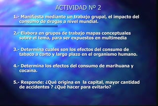 ACTIVIDAD Nº 2 1.- Manifiesta mediante un trabajo grupal, el impacto del consumo de drogas a nivel mundial. 2.- Elabora en grupos de trabajo mapas conceptuales  sobre el tema, para ser expuestos en multimedia 3.- Determina cuales son los efectos del consumo de tabaco a corto y largo plazo en el organismo humano. 4.- Determina los efectos del consumo de marihuana y cocaína. 5.- Responde: ¿Qué origina en  la capital, mayor cantidad de accidentes ? ¿Qué hacer para evitarlo? 