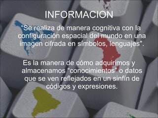 INFORMACION “ Se realiza de manera cognitiva con la configuración espacial del mundo en una imagen cifrada en símbolos, lenguajes". Es la manera de cómo adquirimos y almacenamos “conocimientos” o datos que se ven reflejados en un sinfín de códigos y expresiones. 