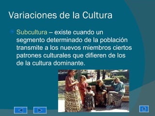 Variaciones de la Cultura
   Subcultura – existe cuando un
    segmento determinado de la población
    transmite a los nuevos miembros ciertos
    patrones culturales que difieren de los
    de la cultura dominante.
 