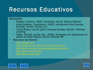 Recursos Educativos
Bibliografía
     Giddens, Anthony. (2005), Sociología. 4ta Ed. Alianza Editorial.
     Anda Gutiérrez, Cuauhtémoc. (2003), Introducción a las Ciencias
      Sociales. 3ra Ed. Limusa, S.A.
     Torres Rivera, Lina M. (2001) Ciencias Sociales. 2da Ed. Thomson
      Learning.
     Gelles, Richard, Levine, Ann. (2000), Sociología con Aplicaciones en
      países de habla hispana, 6ta Ed. McGraw Hill.
   Recursos de Internet
       http://idealist.com
       http://ericps.ed.uiuc.eddu/nccic/nccichome.html
       http://library.utoronto.ca/www/aging/depthome.html
       http://www.aoa.dhhs.gov/
       http://lanic.utexas.edu/
 