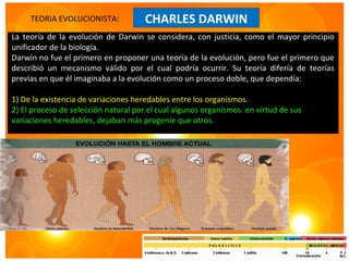 TEORIA EVOLUCIONISTA:            CHARLES DARWIN
La teoría de la evolución de Darwin se considera, con justicia, como el mayor principio
unificador de la biología.
Darwin no fue el primero en proponer una teoría de la evolución, pero fue el primero que
describió un mecanismo válido por el cual podría ocurrir. Su teoría difería de teorías
previas en que él imaginaba a la evolución como un proceso doble, que dependía:

1) De la existencia de variaciones heredables entre los organismos.
2) El proceso de selección natural por el cual algunos organismos. en virtud de sus
variaciones heredables, dejaban más progenie que otros.
 