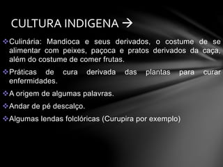 CULTURA INDIGENA  
Culinária: Mandioca e seus derivados, o costume de se 
alimentar com peixes, paçoca e pratos derivados da caça, 
além do costume de comer frutas. 
Práticas de cura derivada das plantas para curar 
enfermidades. 
A origem de algumas palavras. 
Andar de pé descalço. 
Algumas lendas folclóricas (Curupira por exemplo) 
 