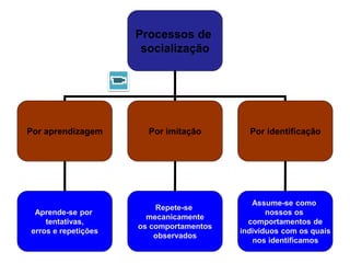 Processos de
socialização
Por aprendizagem Por imitação Por identificação
Aprende-se por
tentativas,
erros e repetições
Repete-se
mecanicamente
os comportamentos
observados
Assume-se como
nossos os
comportamentos de
indivíduos com os quais
nos identificamos
 