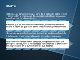 Obtención de conocimientos por parte de la población sobre el tema
y comprendan la importancia de sus responsabilidades tributarias y
beneficios que de ella provienen.
Pretende que los individuos de la sociedad, tomen conciencia en
cuanto al hecho de que es un deber constitucional aportar al estado.
Comunicar a esa colectividad que las razones fundamentales de la
tributación es proporcionar a la nación los medios necesarios.
Que sean conscientes de sus derechos, que practiquen cada día
principios, valores, que la niñez crezca con armonía y la promesa de
ser responsables en el cumplimiento de sus deberes.
Objetivos
 