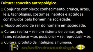 Cultura: conceito antropológico
o Conjunto complexo: conhecimento, crença, artes,
leis, tecnologias, costumes, hábitos e aptidões
construídos pelo homem na sociedade.
o Modo próprio de ser do homem em sociedade.
o Cultura realiza – se num sistema de pensar, agir,
fazer, relacionar – se, posicionar – se, reproduzir – se.
o Cultura: produto da inteligência humana.
 