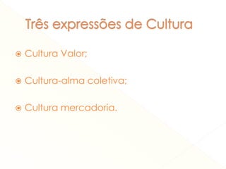  Cultura Valor; 
 Cultura-alma coletiva; 
 Cultura mercadoria. 
 