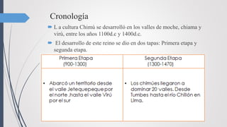 Cronología
 L a cultura Chimú se desarrolló en los valles de moche, chiama y
virú, entre los años 1100d.c y 1400d.c.
 El desarrollo de este reino se dio en dos tapas: Primera etapa y
segunda etapa.
 