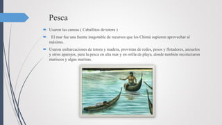 Pesca
 Usaron las canoas ( Caballitos de totora )
 El mar fue una fuente inagotable de recursos que los Chimú supieron aprovechar al
máximo.
 Usaron embarcaciones de totora y madera, provistas de redes, pesos y flotadores, anzuelos
y otros aparejos, para la pesca en alta mar y en orilla de playa, donde también recolectaron
mariscos y algas marinas.
 