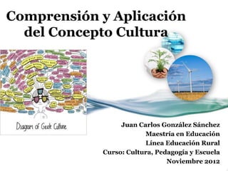 Comprensión y Aplicación
  del Concepto Cultura




                 Juan Carlos González Sánchez
                        Maestría en Educación
                        Línea Educación Rural
            Curso: Cultura, Pedagogía y Escuela
                               Noviembre 2012
 