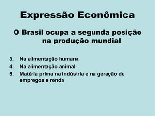 Expressão Econômica O Brasil ocupa a segunda posição na produção mundial  Na alimentação humana Na alimentação animal Matéria prima na indústria e na geração de empregos e renda 