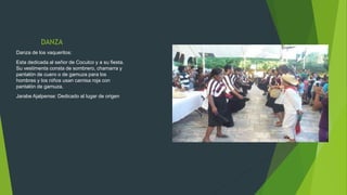 DANZA
Danza de los vaqueritos:
Esta dedicada al señor de Coculco y a su fiesta.
Su vestimenta consta de sombrero, chamarra y
pantalón de cuero o de gamuza para los
hombres y los niños usan camisa roja con
pantalón de gamuza.
Jarabe Ajalpense: Dedicado al lugar de origen
 