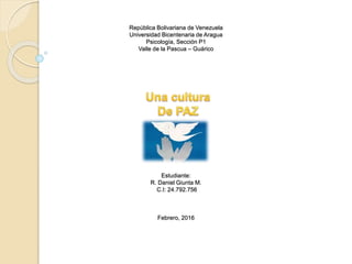 República Bolivariana de Venezuela
Universidad Bicentenaria de Aragua
Psicología, Sección P1
Valle de la Pascua – Guárico
Estudiante:
R. Daniel Giunta M.
C.I: 24.792.756
Febrero, 2016
 
