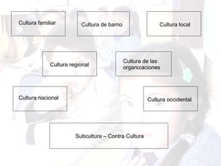 Cultura familiar Cultura de barrio Cultura local Cultura regional Cultura de las organizaciones Cultura nacional Cultura occidental Subcultura – Contra Cultura 
