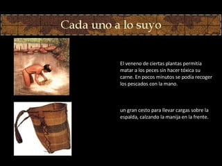 El veneno de ciertas plantas permitía matar a los peces sin hacer tóxica su carne. En pocos minutos se podía recoger los pescados con la mano. un gran cesto para llevar cargas sobre la espalda, calzando la manija en la frente. 