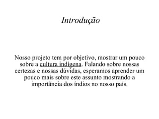 Introdução Nosso projeto tem por objetivo, mostrar um pouco sobre a  cultura indígena . Falando sobre nossas certezas e nossas dúvidas, esperamos aprender um pouco mais sobre este assunto mostrando a importância dos índios no nosso país. 