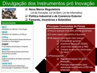 Divulgação dos Instrumentos pró Inovação Novo Marco Regulatório Lei de Inovação. Lei do Bem. Lei de Informática Política Industrial e de Comércio Exterior Fomento, Incentivos e Subsídios MCT Ministério da Ciência e Tecnologia MDIC Ministério da Indústria e Comércio CNPq Conselho Nacional de Desenvolvimento  Científico e Tecnológico FINEP Financiadora de Estudos e Projetos BNDES Banco Nacional de Desenvolvimento Econômico e Social ABDI Agência Brasileira de Desenvolvimento Industrial INMETRO Instituto Nacional de Metrologia,  Normalização e Qualidade Industrial Houve avanços (nos dois últimos governos) O novo marco regulatório é favorável Há espaço para muito mais avanço Compras do governo Incentivos fiscais (2º OCDE) Juros mais favoráveis à P&D Compra do governo (diminuição de risco) Preocupações Regulamentações da lei de inovação Previsão orçamentária para subvenção econômica a P&D nas empresas Principais Conclusões do Fórum Apresentações 