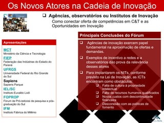 Os Novos Atores na Cadeia de Inovação Agências, observatórios ou Institutos de Inovação Como conectar oferta de competências em C&T e as Oportunidades em Inovação MCT Ministério da Ciência e Tecnologia FIEP Federação das Indústrias do Estado do Paraná UFRGS Universidade Federal do Rio Grande do Sul Sapiens Sapiens Parque IEL/SC Instituto Euvaldo Lodi FOPROP Fórum de Pró-reitores de pesquisa e pós-graduação do Sul IFM Instituto Fábrica do Milênio Apresentações Agências de inovação exercem papel fundamental na aproximação de ofertas e demandas. Exemplos de incentivo a redes e a observatórios dão prova da relevância desses atores Para implantarem os NITs, conforme previsto na Lei de Inovação, as ICTs encontram como obstáculos: Falta de cultura à propriedade intelectual Falta de recursos humanos qualificados Novos custos com descontinuidade financeira Desconexão com as políticas de fomento Principais Conclusões do Fórum 