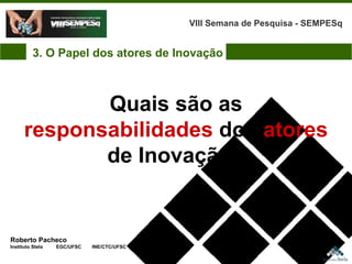Roberto Pacheco Instituto Stela  EGC/UFSC  INE/CTC/UFSC Quais são as  responsabilidades  dos  atores  de Inovação? VIII Semana de Pesquisa - SEMPESq 3. O Papel dos atores de Inovação 