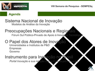 Agenda Sistema Nacional de Inovação VIII Semana de Pesquisa - SEMPESq O Papel dos Atores de Inovação Instrumento para Inovação no Brasil Universidades e Institutos de P&D Empresas Governo Portal Inovação  e sua relação com a Cultura pró-inovação Modelos de Análise da Inovação Preocupações Nacionais e Regionais Fórum Sul Público-Privado de Apoio à Inovação Tecnológica 