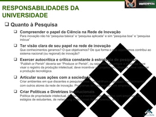 RESPONSABILIDADES DA UNIVERSIDADE Quanto à Pesquisa Compreender o papel da Ciência na Rede de Inovação Para inovação não há “pesquisa básica” e “pesquisa aplicada” e sim “pesquisa boa” e “pesquisa inócua” Ter visão clara de seu papel na rede de inovação Que conhecimentos geramos? O que objetivamos? De que forma o que objetivamos contribui ao sistema nacional (ou regional) de inovação? Exercer autocrítica e crítica constante à estratégia de pesquisa “Publish or Perish” deveria ser “Produce or Perish”, ou seja, além de artigos a pesquisa deve visar o registro da produção intelectual, deve incentivar os projetos tecnológicos, deve valorizar a produção tecnológica. Articular suas ações com a sociedade   Criar ambientes em que discentes e pesquisadores compartilhem  e recebam  conhecimentos com outros atores da rede de inovação. Programas de cooperação com empresas . Criar Políticas e Diretrizes Institucionais Política de propriedade intelectual, de apoio a inventores, de contratos com empresas, de estágios de estudantes, de networking institucional (feiras, eventos, etc.).  Agosto de 2006 