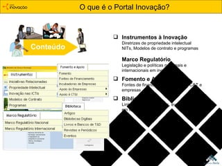 O que é o Portal Inovação? Conteúdo Instrumentos à Inovação Diretrizes de propriedade intelectual NITs, Modelos de contrato e programas  Marco Regulatório Legislação e políticas nacionais e internacionais em inovação Fomento e Apoio Fontes de financiamento e apoio a C&T e empresas Biblioteca Links para artigos, teses, eventos e bibliotecas em inovação. 