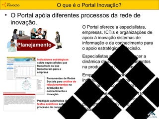 O que é o Portal Inovação? O Portal apóia diferentes processos da rede de inovação. Planejamento Indicadores estratégicos sobre especialistas que trabalham ou que trabalharam para a  empresa Ferramentas de Redes Sociais para  análise de relacionamentos  na produção de conhecimento e inovação. Produção automática de textos analíticos  sobre o processo de cooperação. O Portal oferece a especialistas, empresas, ICTIs e organizações de apoio à inovação sistemas de informação e de conhecimento para o apoio estratégico à decisão. Especialistas podem conhecer a dinâmica de seus relacionamentos na produção de conhecimento. Empresas podem conhecer indicadores estratégicos sobre funcionários e colaboradores. Organizações de apoio e ICTIs podem conhecer a dinâmica da cooperação envolvendo seus afiliados. 