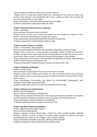 Elenco principal: Erika Moura, Helena Castro, Simone Grande
Sinopse: Caio é um rapaz que sai pelo mundo com a aprovação de seu velho pai. Chega a um
castelo muito esquisito e mal-assombrado. Mas como é valente, se lembra dos conselhos de
seu pai e enfrenta todos os seus medos.
Praças selecionadas: Castelo/ES, Belo Horizonte, Nova Lima/MG
Produtora responsável: Cooperativa Paulista de Teatro
Projeto: O Homem do Banco Branco e a Amoreira
Diretor: Talita Neves
Elenco principal: Fernanda Perondi, Léo Moita
Sinopse: Conta a história de um homem que espera seu amor perdido nos trilhos do “trem-
tempo”, para juntos compartilharem os frutos da amoreira.
Praças selecionadas: Manaus/AM, Belém/PA, Palmas/TO, Salvador/BA
Produtora responsável: Girolê Produções Artísticas LTDA
Projeto: O Jovem Príncipe e a Verdade
Diretor: Fernanda Maia, Regina Galdino
Elenco principal: Alexandre Meirelles, Amanda Banffy, Filipe Peña, Leonardo Santiago
Sinopse: Para se casar com a moça que ama, um príncipe recebe a missão de encontrar a
Verdade. Ele parte numa viagem pelo mundo, acompanhado do Contador de Histórias. Juntos
passarão por diversos países e conhecerão dezenas de personagens e suas verdades.
Praças selecionadas: Rio de Janeiro, São Gonçalo/RJ, São Bernardo do Campo, Mauá, São José
do Rio Preto/SP, Cachoeiro de Itapemirim/ES
Produtora responsável: Cacildinha Serviços Artísticos e Culturais LTDA - ME
Projeto: O Malefício da Mariposa
Diretor: Ana Rosa Tezza
Elenco principal: Ana Rosa Genari Tezza, Janine de Campos, Val Salles
Sinopse: O autor utiliza a fábula, para retratar, em meio à atmosfera poética de um estranho
jardim, ínfimas criaturas da natureza que amam e sofrem de maneira muito parecida à nossa,
seres humanos.
Praças selecionadas: Oriximiná/PA, São Gabriel da Cachoeira/AM, Oiapoque/AP, Assis
Brasil/AC, Caracaraí/RR, Guajará-Mirim/RO
Produtora responsável: Ave Lola e As Meninas Produções Artísticas Ltda.
Projeto: O Menino que mordeu Picasso
Diretor: Marcelo Romagnoli
Elenco principal: Fabio Esposito, Rodrigo Pavon
Sinopse: Narra o encontro de Picasso com uma criança que frequenta seu atelier e acompanha
seu jeito de pintar. Em alguns momentos o menino é o próprio artista quando jovem.
Praças selecionadas: Vitoria/ES, Belém/PA, Fortaleza/CE
Produtora responsável: Beijo Produções Artísticas S/C LTDA
Projeto: Operilda na Orquestra Amazônica
Diretor: Miguel Briamonte, Regina Galdino
Elenco principal: Andréa Bassitt
Sinopse: Espetáculo musical infantil sobre a história da música erudita brasileira. Operilda
enfrenta o desafio de contar a história da música erudita brasileira em apenas uma hora,
acompanhada por Livrildo, um livro mágico, e por 6 músicos eruditos.
Praças selecionadas: Natal/RN, Aracaju/SE, João Pessoa/PB, Recife/PE
Produtora responsável: Oasis Empreendimentos Artísticos Ltda
 